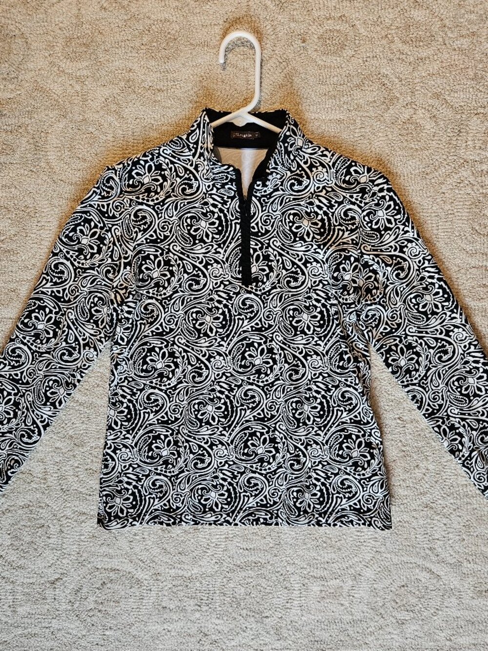 J. McLaughlin 1/4 Zip Long Sleeve Shirt Top Medium Black White Paisley Catalina